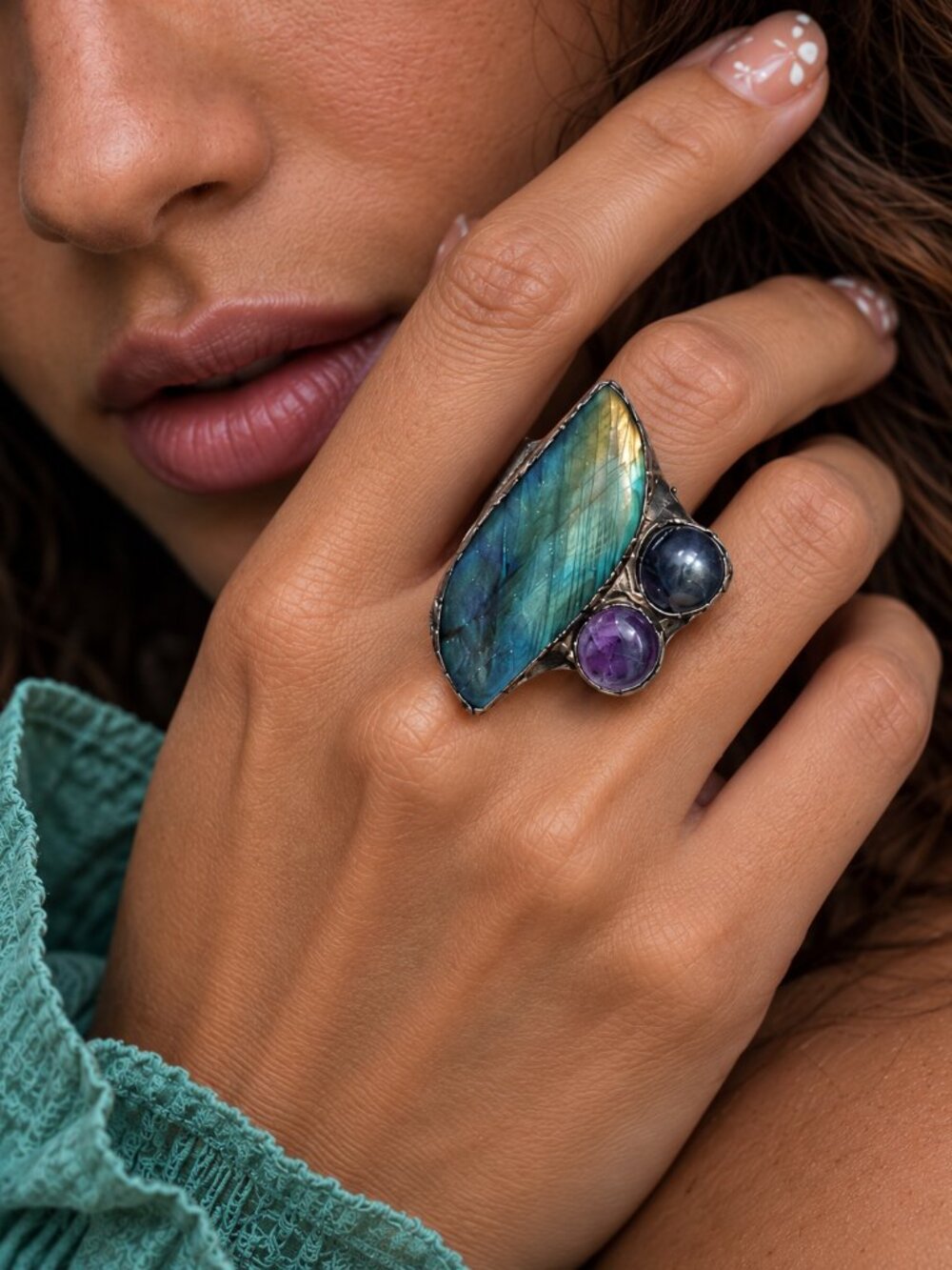 Labradorite Amethyst Antique Bronze Artisan Adjustable Ring Whimsigoth 8-10